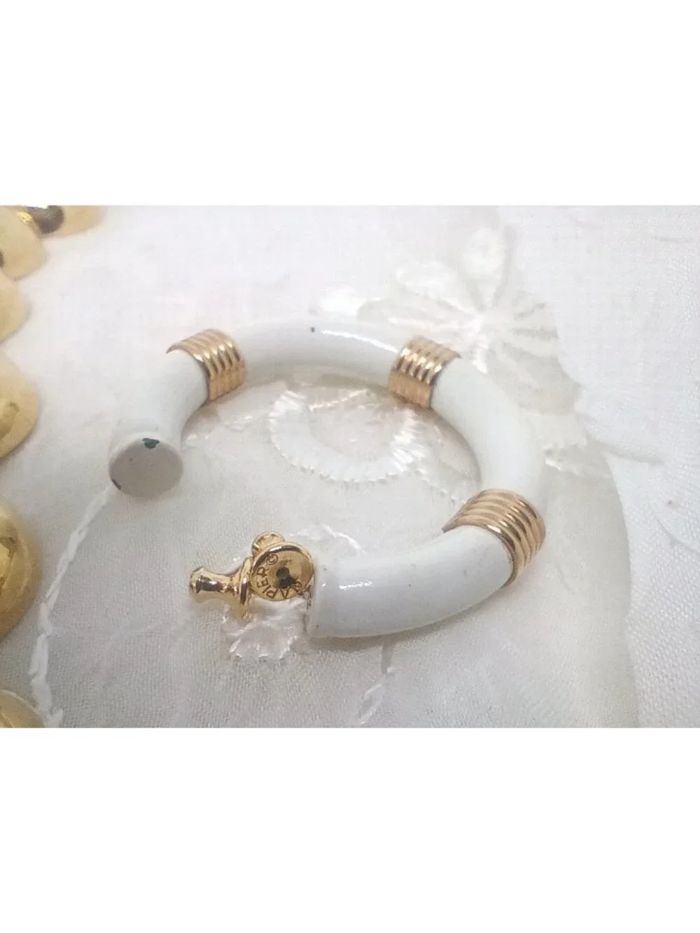 Vtg Monet Lot Bracelet Earring ~Gently loved Gold Half Sphere, White Lucky Charm - Picture 8 of 14